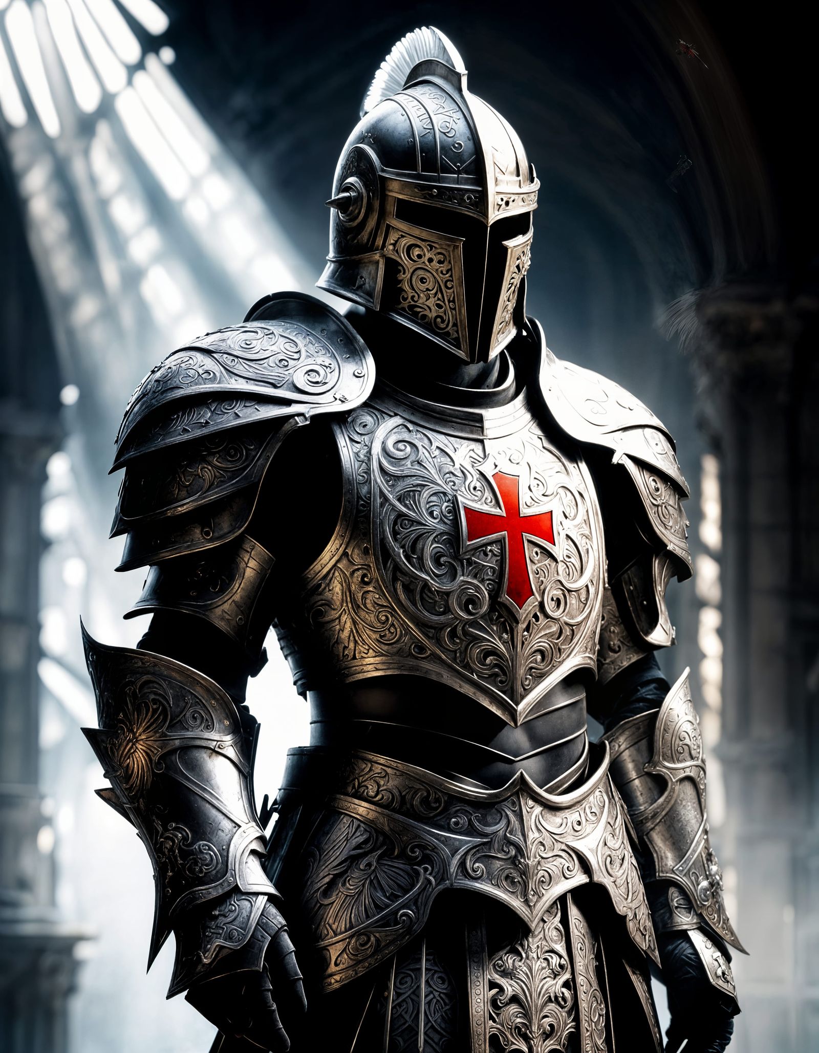 Knight in Platinum Armor with Angel Wings Kneeling