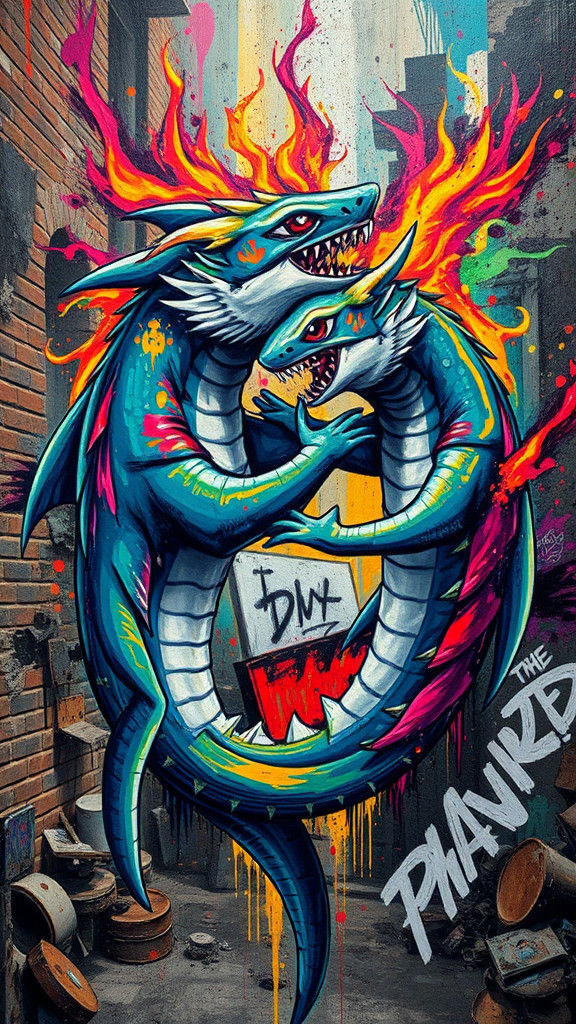 Shark Dragons Dance in Gritty Urban Graffiti Art
