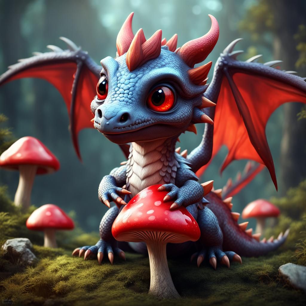 Adorable Winged Baby Dragon with Mushroom, Fantasy Art