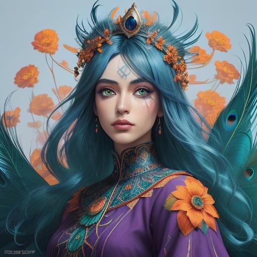 Vibrant Woman with Peacock Feathers in Fantasy Art