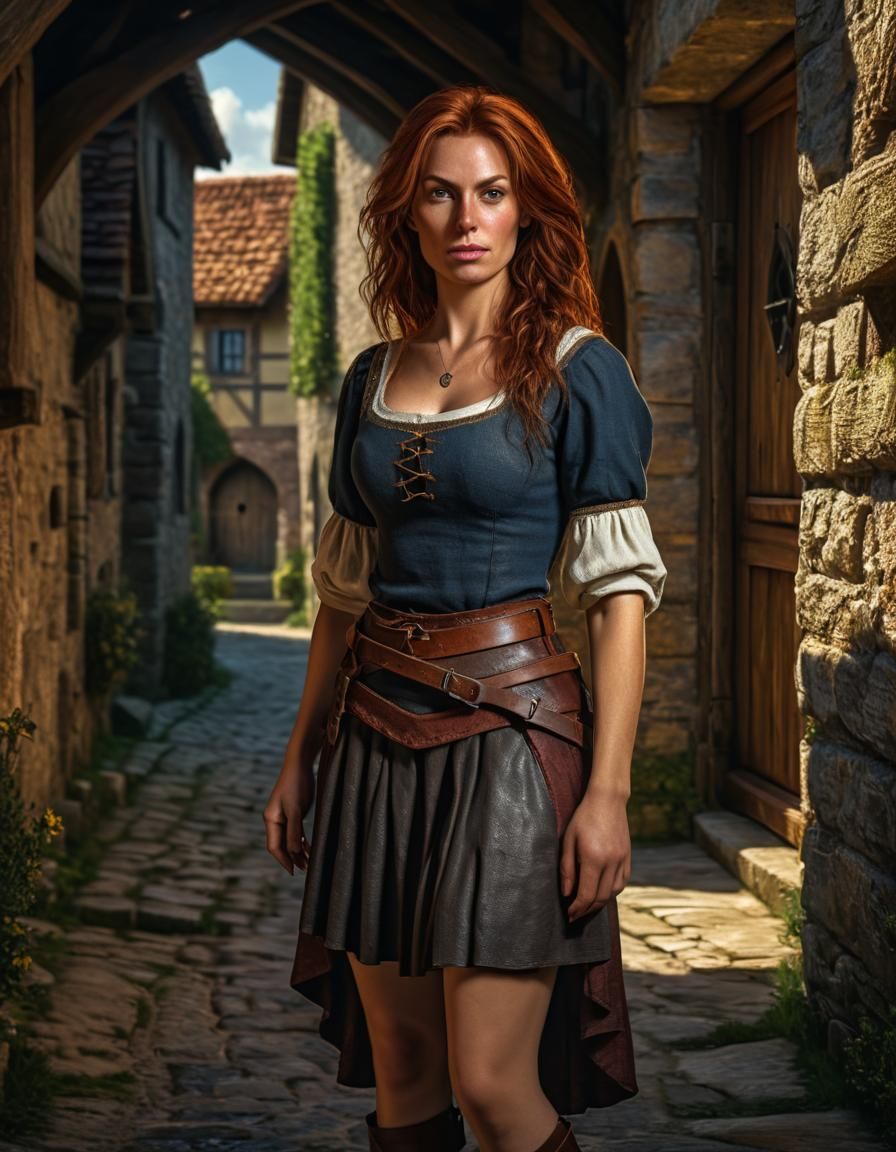 Auburn-Haired Woman in Medieval Village Oil Portrait