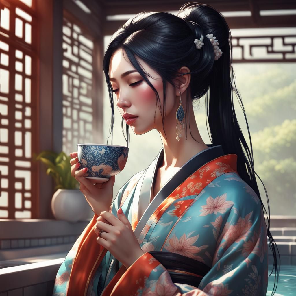 Chinese Woman in Kimono Drinking Tea, Art Nouveau Portrait