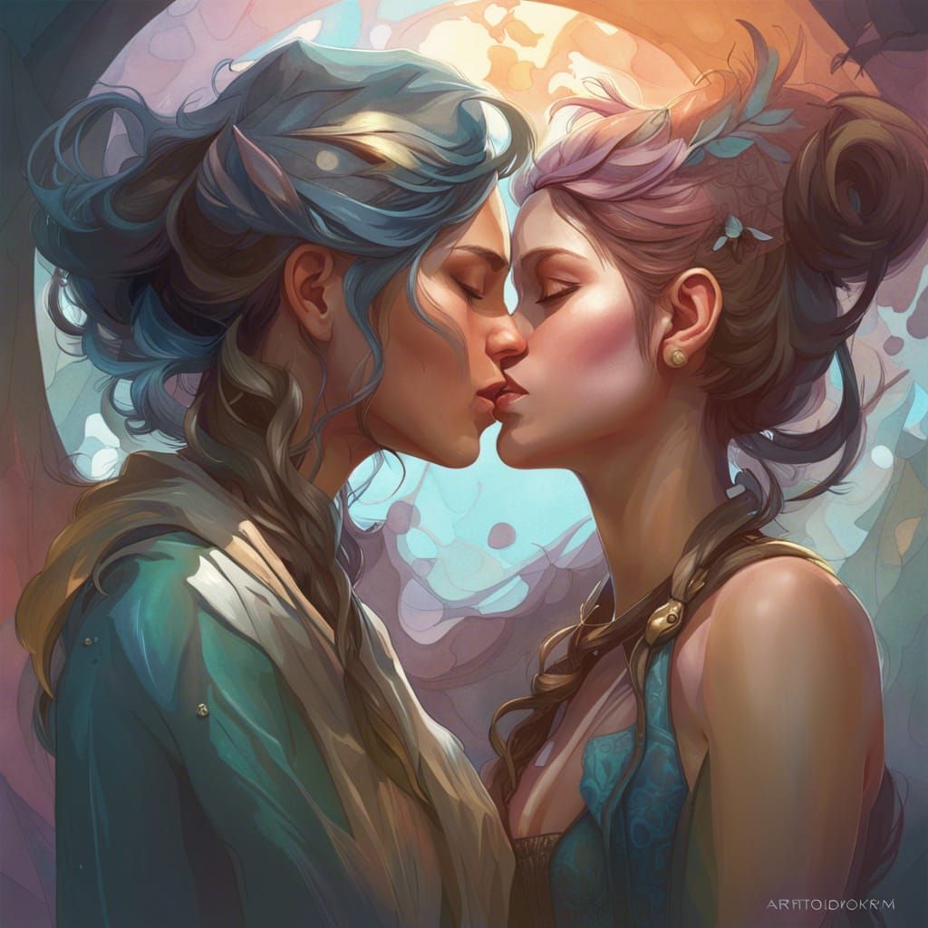 Intimate Portrait of Women Kissing: Hyperdetailed Art