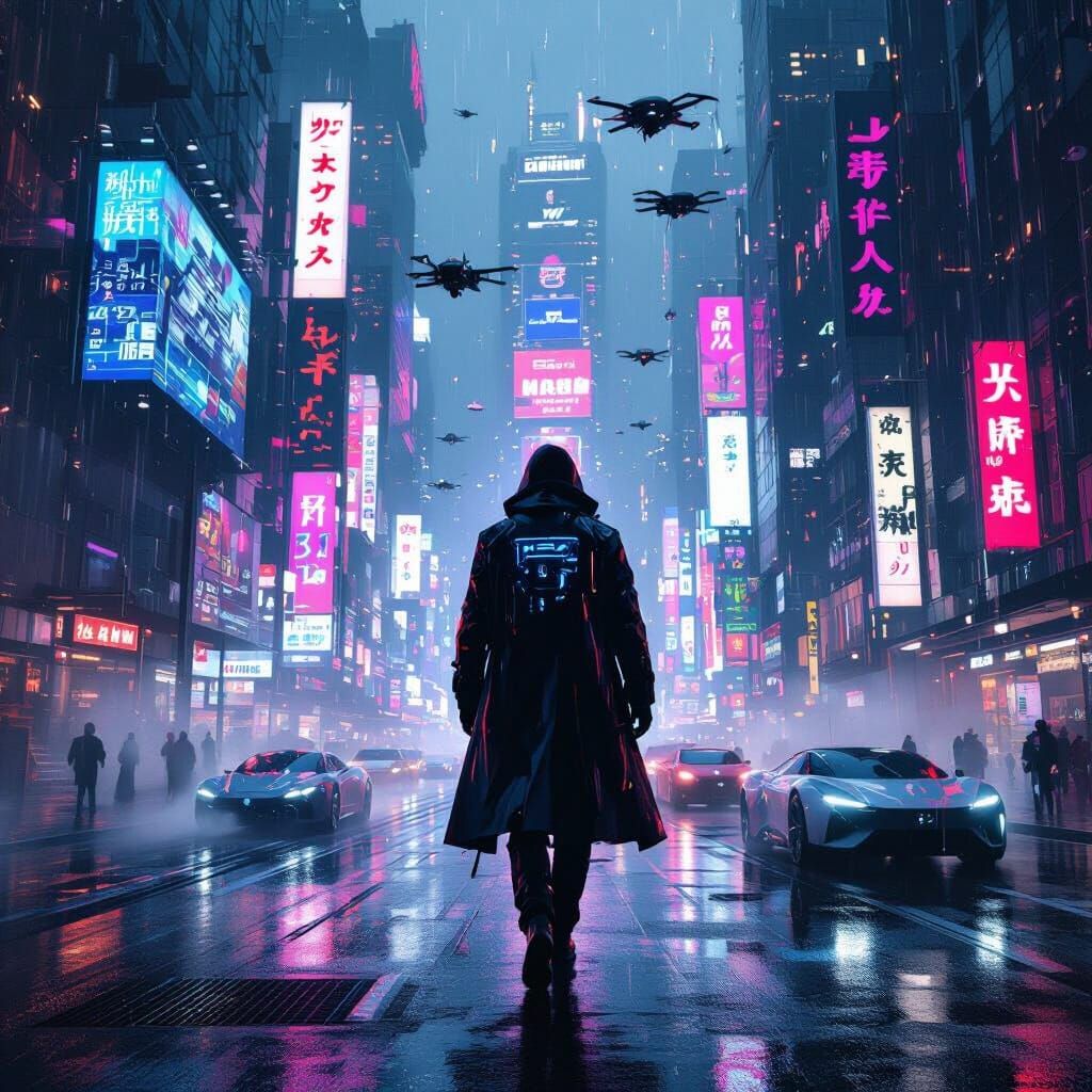Cyberpunk Hacker in Neon Cityscape