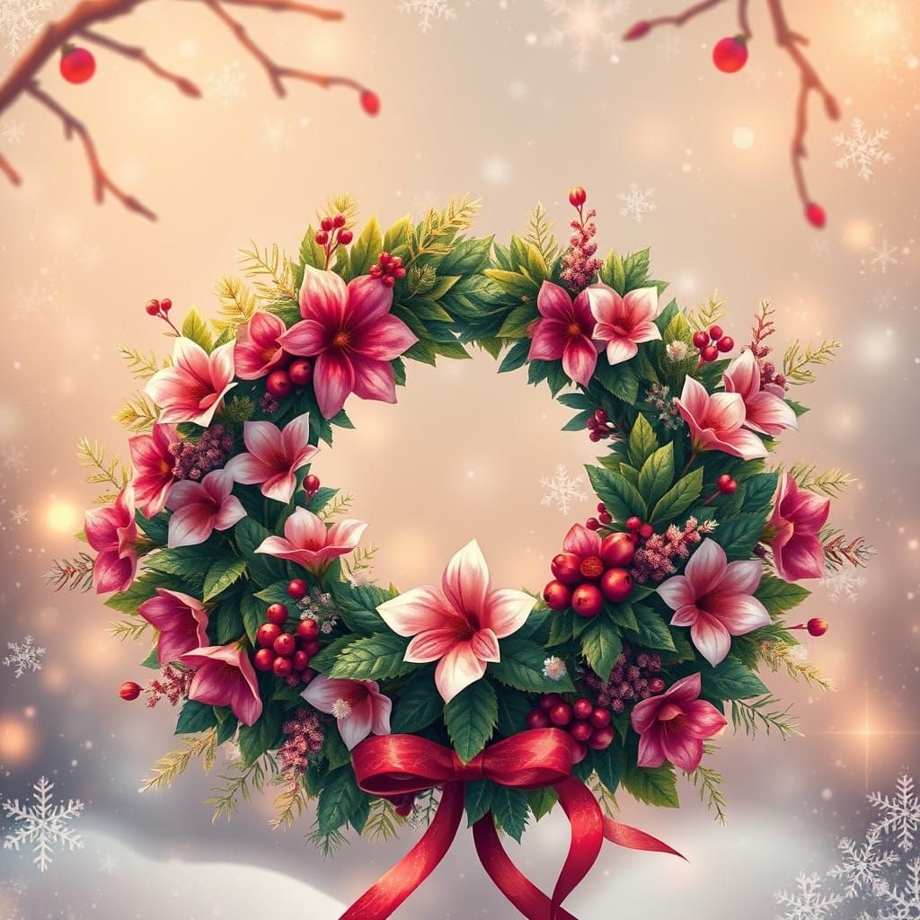 Vibrant Floral Wreath in Whimsical Winter Wonderland Style
