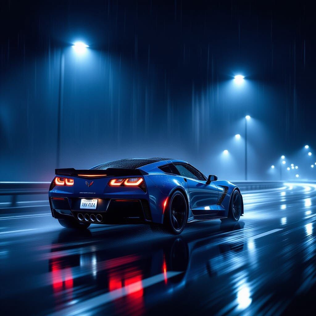 Wide Body C6 Z06 Corvette in Nighttime Downpour