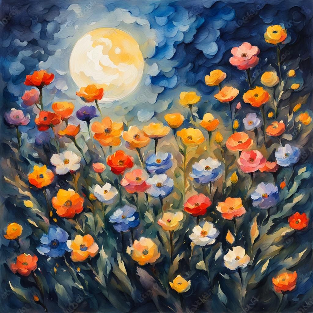 Moonlit Flowers in Gouache Style