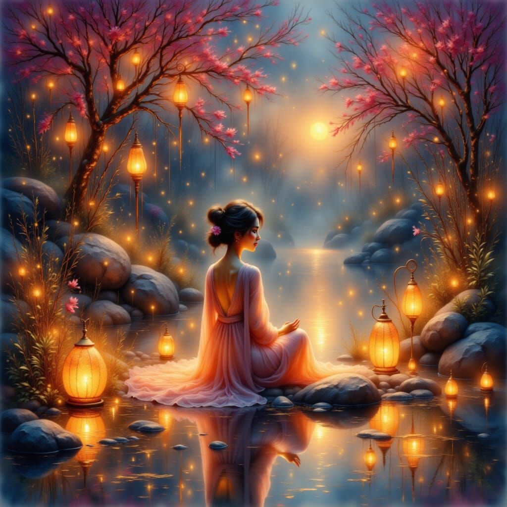 Stylized Figure in Lantern Garden: Inner Peace Theme