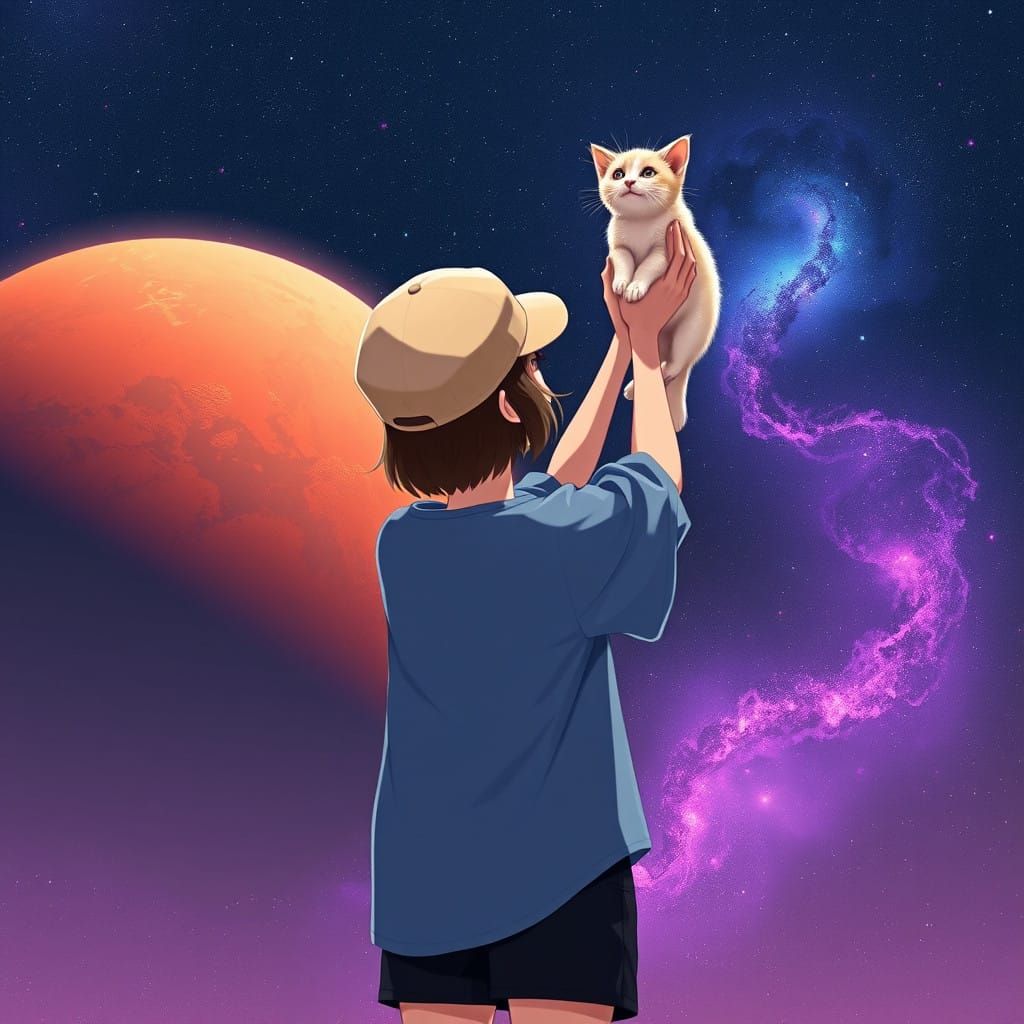 Girl Against the Red Planet Mars in a Celestial Sky