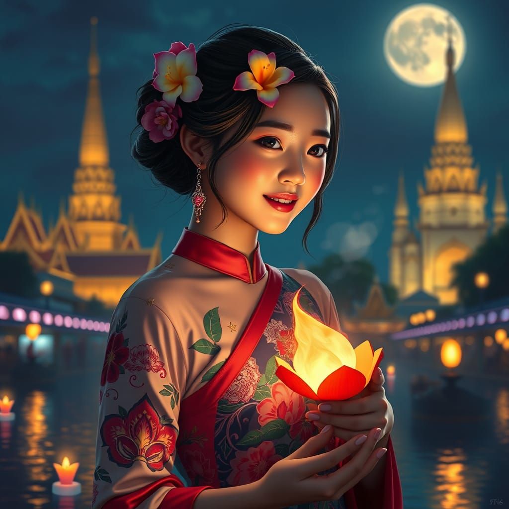 Thai-Korean Woman in Bangkok with Krathong: Fantasy Art