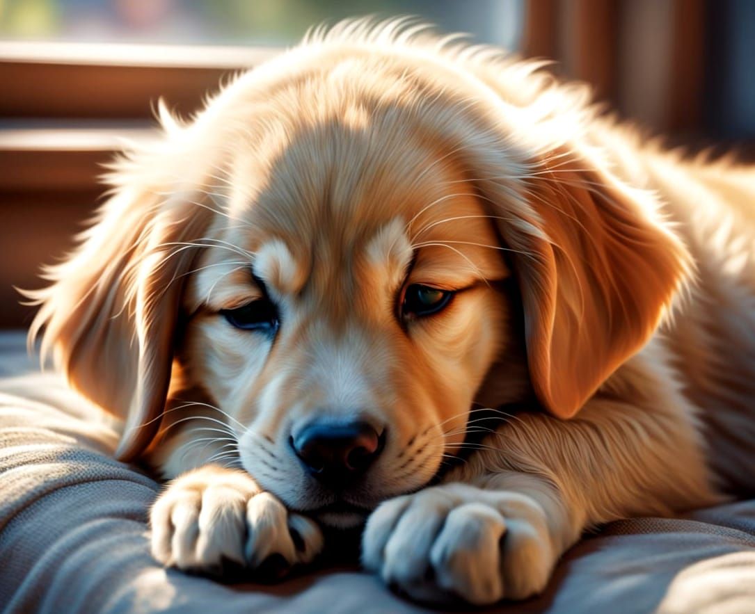 Golden Retriever and Grey House Cat in Peaceful Snuggle