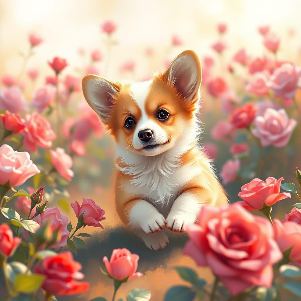 Cute Baby Corgi in a Whimsical Rose Garden