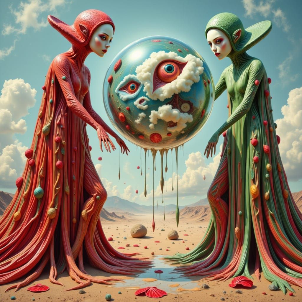 Surreal Desert Scene with Tall Figures and Glass Sphere