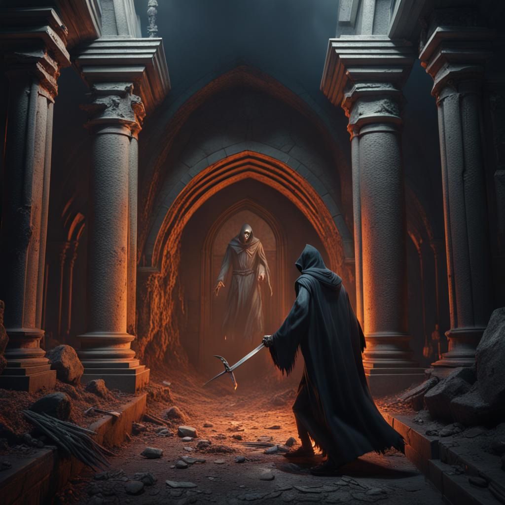Man Escaping Grim Reaper in Crypt Painting