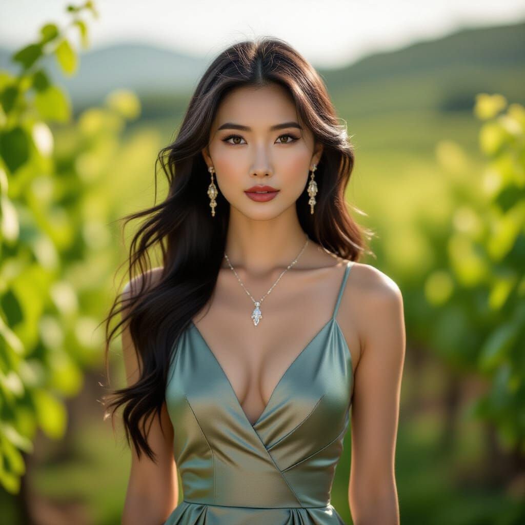 Elegant Chinese Woman in Wine Farm: Cinematic Portrait