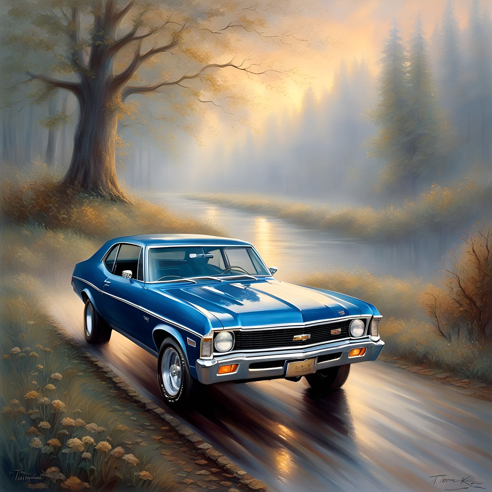 1971 Chevy Nova on Country Road in Kinkade Style