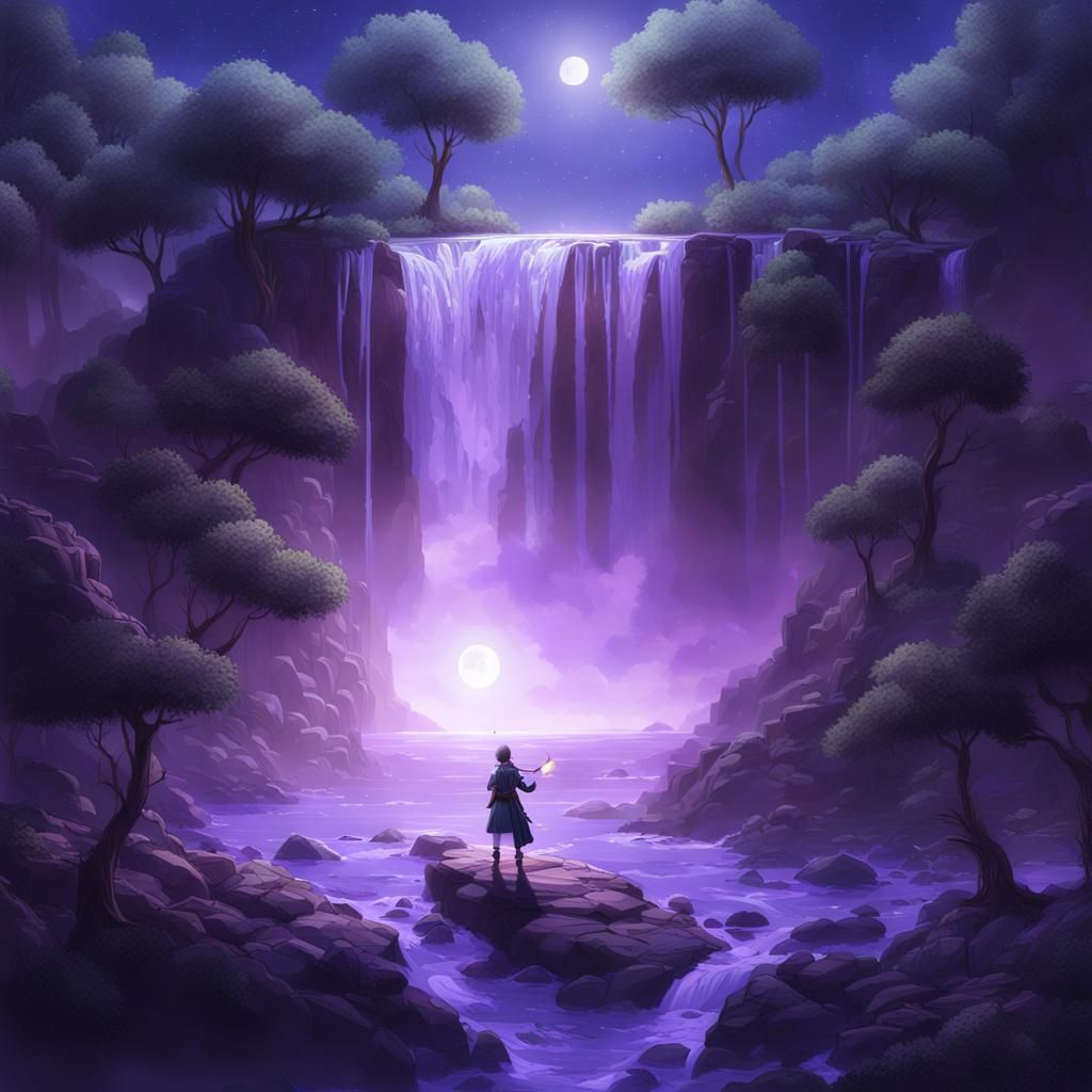 Person Holding Purple Waterfall Under Moon in Anime Style