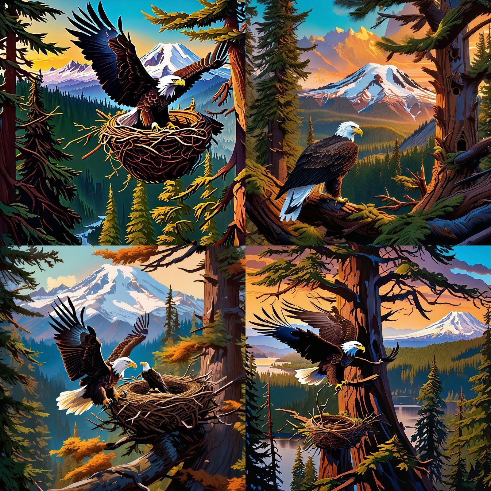Eagle Nest with Mount Rainier in Gouache Style