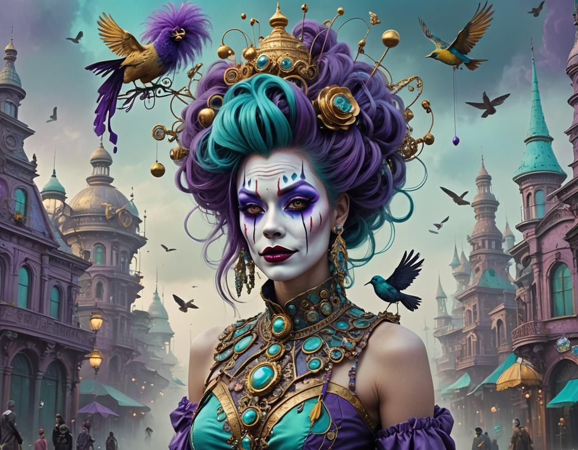 Surreal Clown Woman in a Dream City