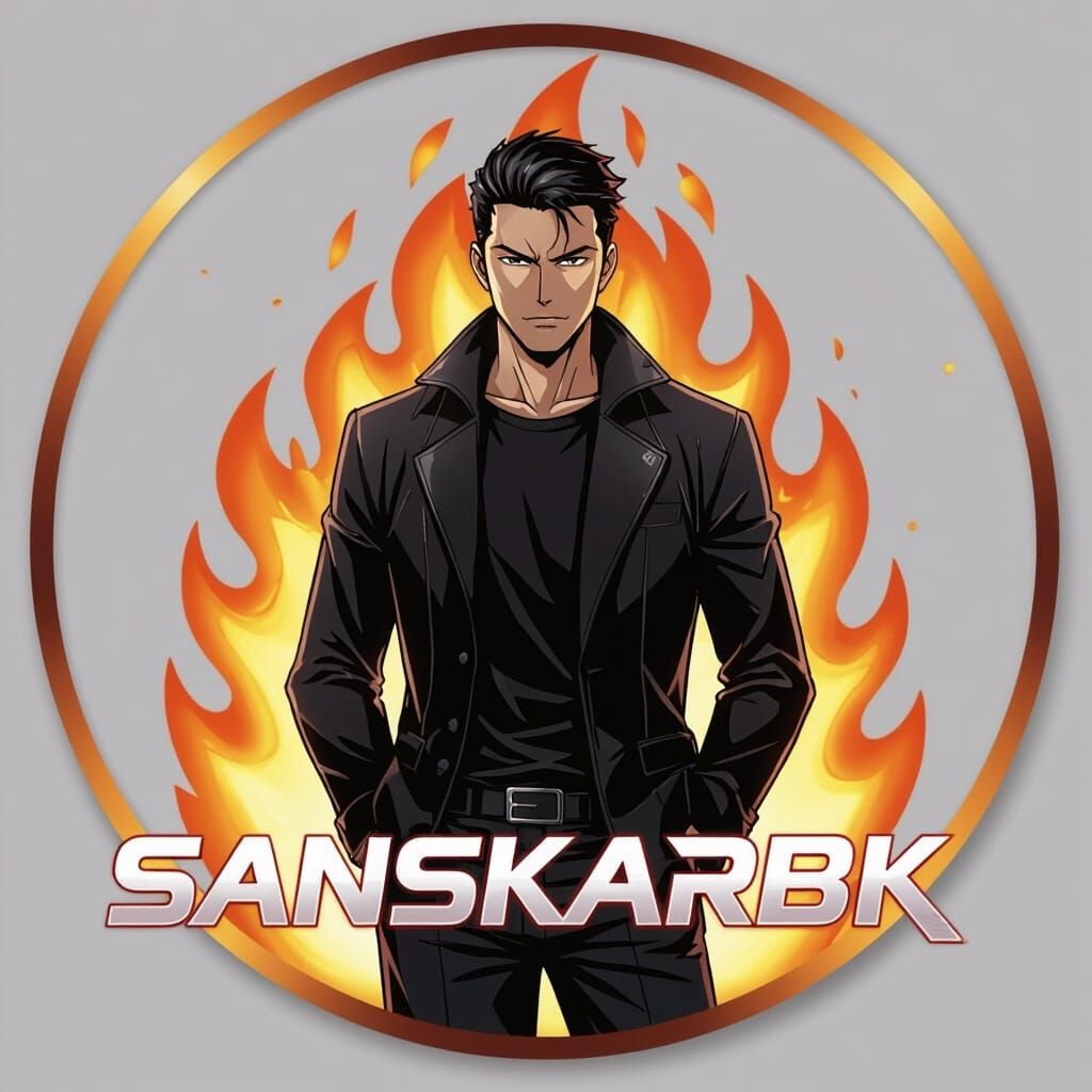 Powerful Anime Man with Fire Background in Marvel Style