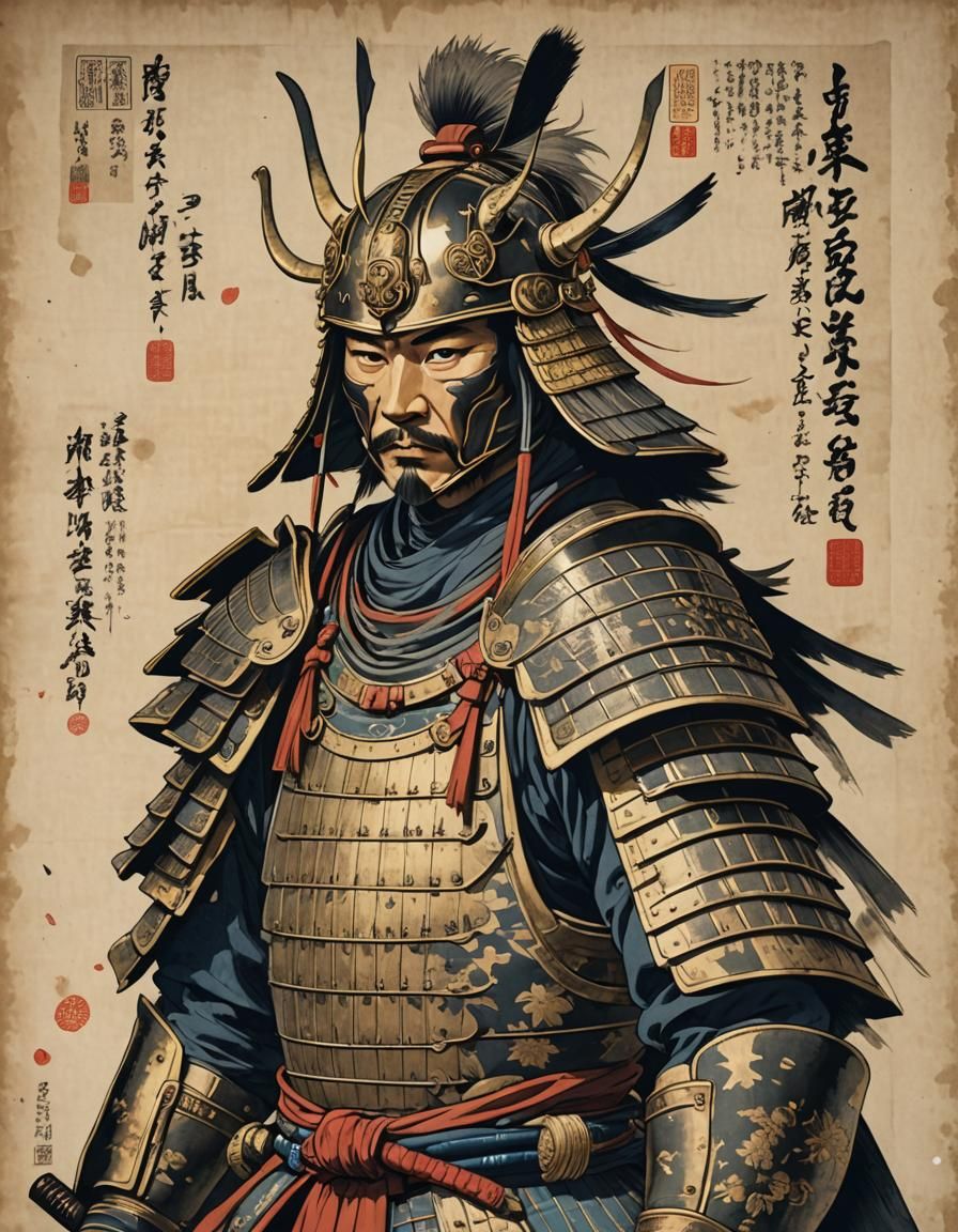 Samurai in Armor: Ukiyo-e Style Print