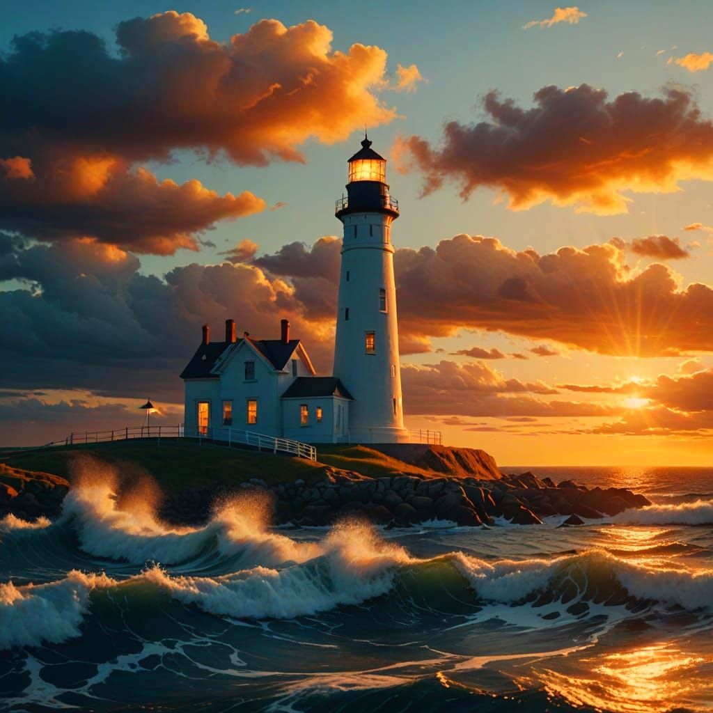 Fiery Sunset Over Coastal Lighthouse