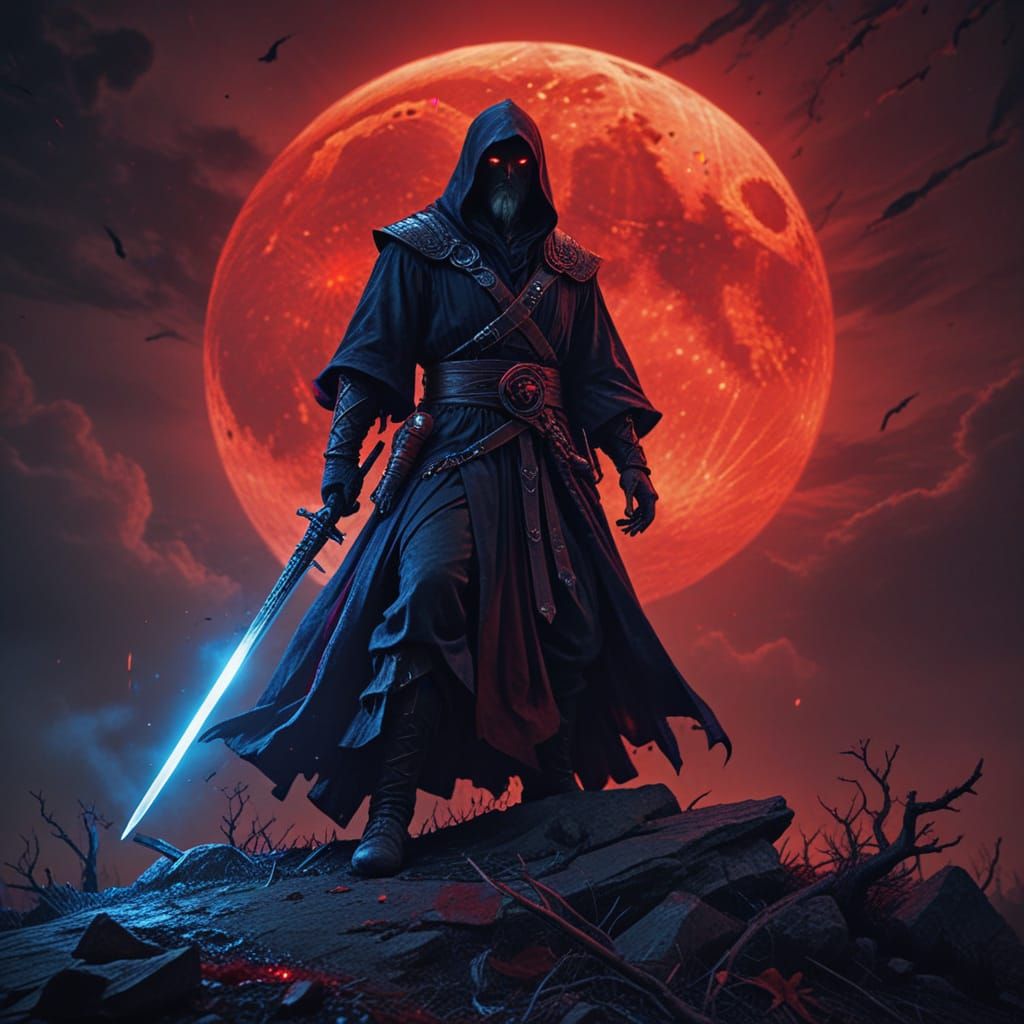Dark Wizard Under Blood Moon in Moody Fantasy Art