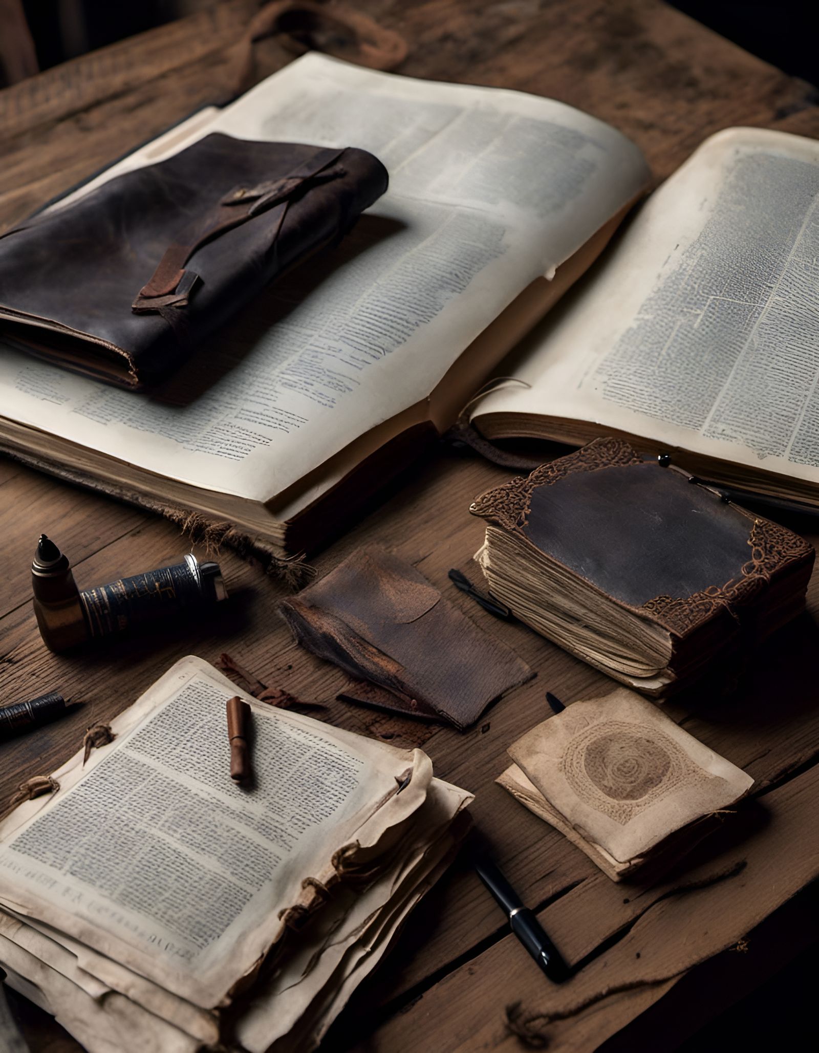 Detailed Ancient Diary Book on Wooden Table