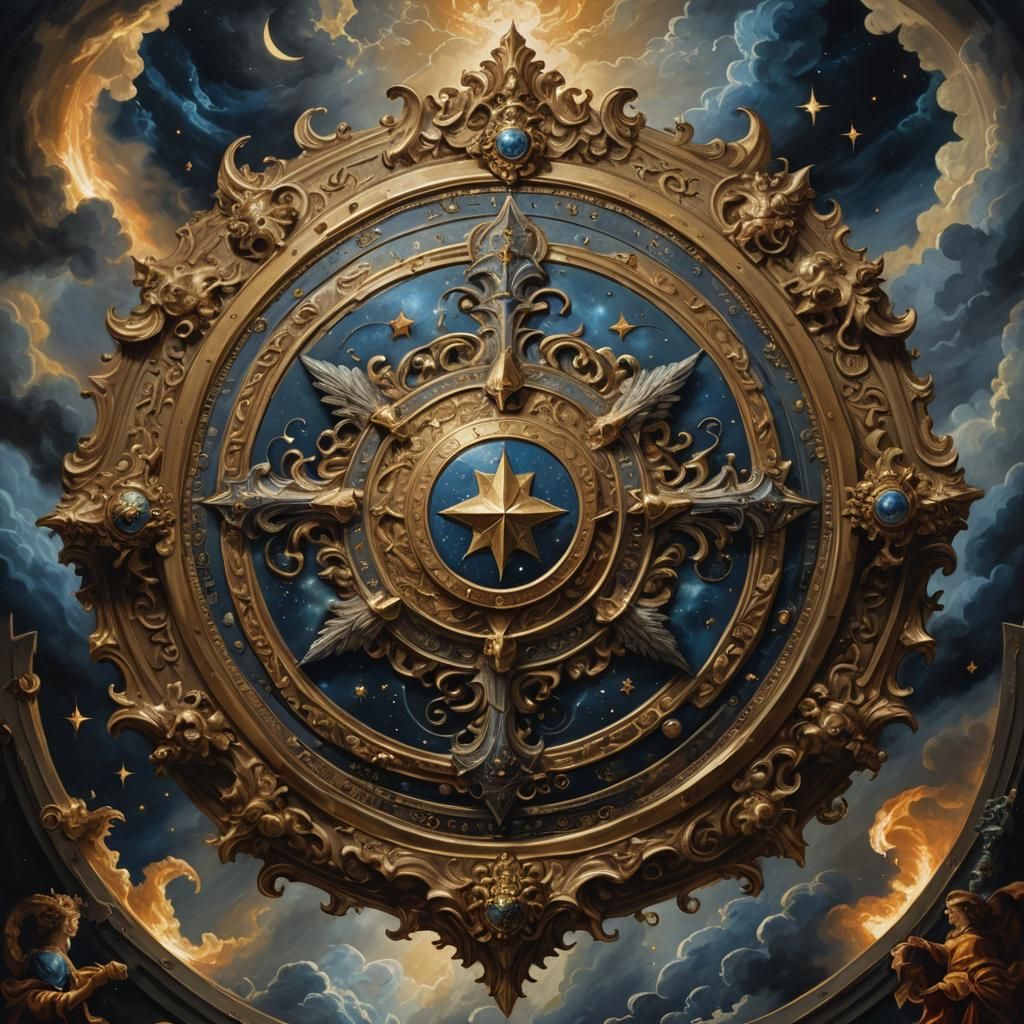 Ornate Shield with Celestial Symbols in Baroque Style