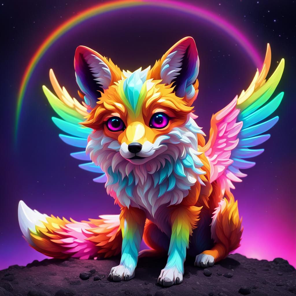Rainbow Fox Pup Soaring in Neon Solar Space