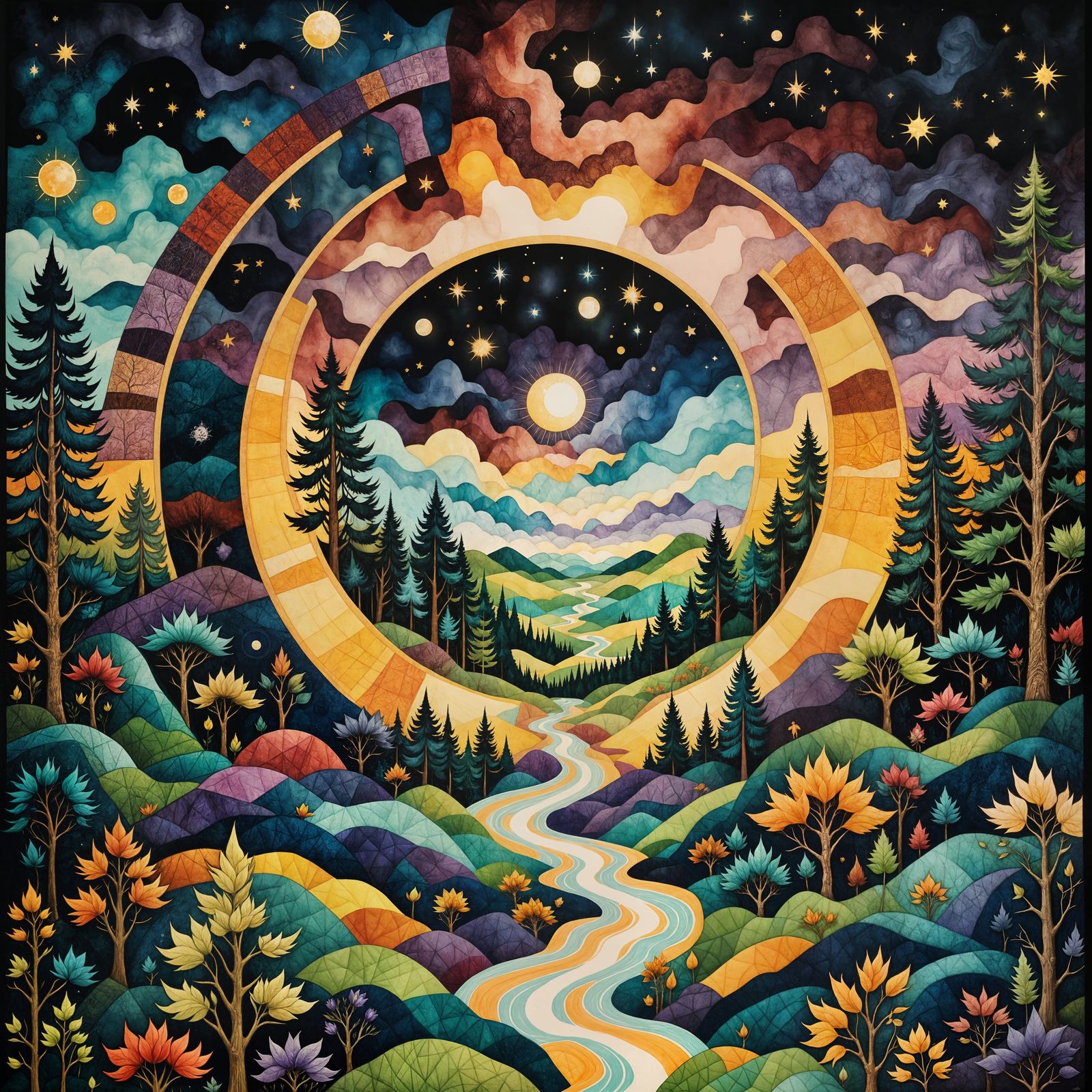 Vibrant Moonlit Forest in Intricate Patchwork Quilts Style