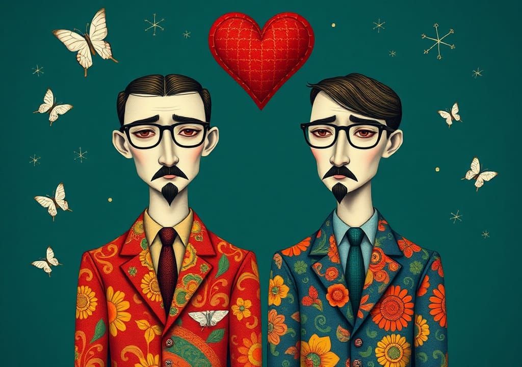 Figures in Patterned Suits with Floating Heart, in Folk Art ...