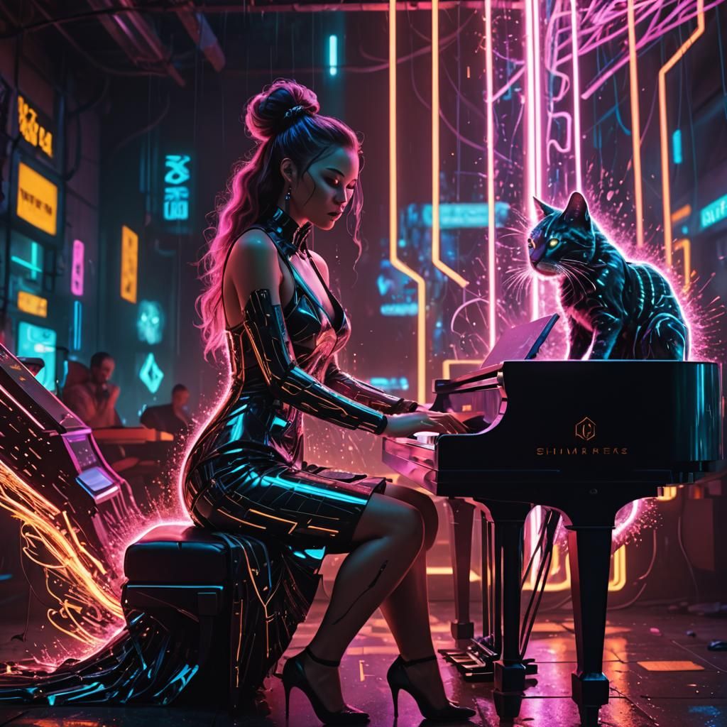 Cyberpunk Piano Player with Neon Cat