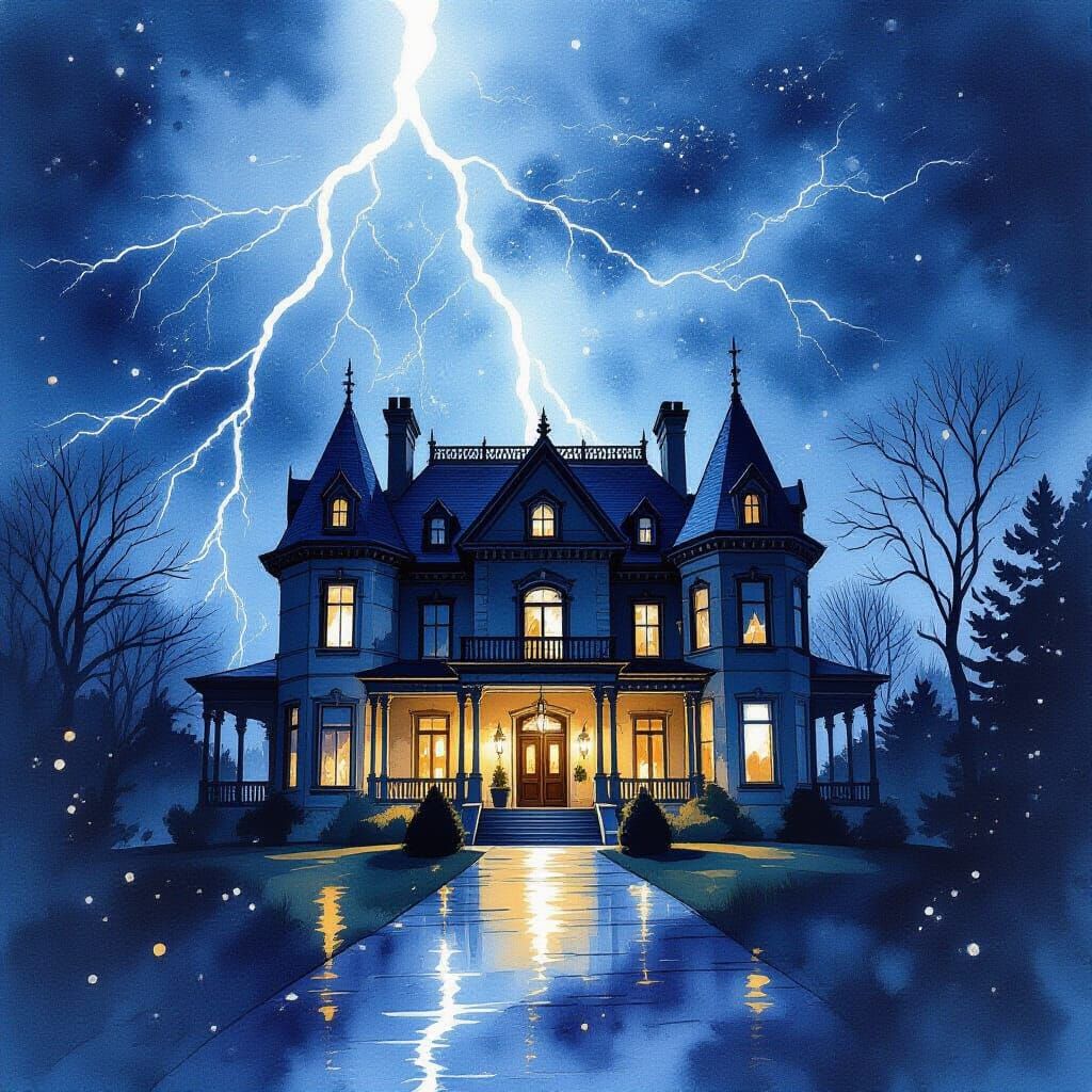 Dark Mansion Illuminated by Lightning, Watercolor Style