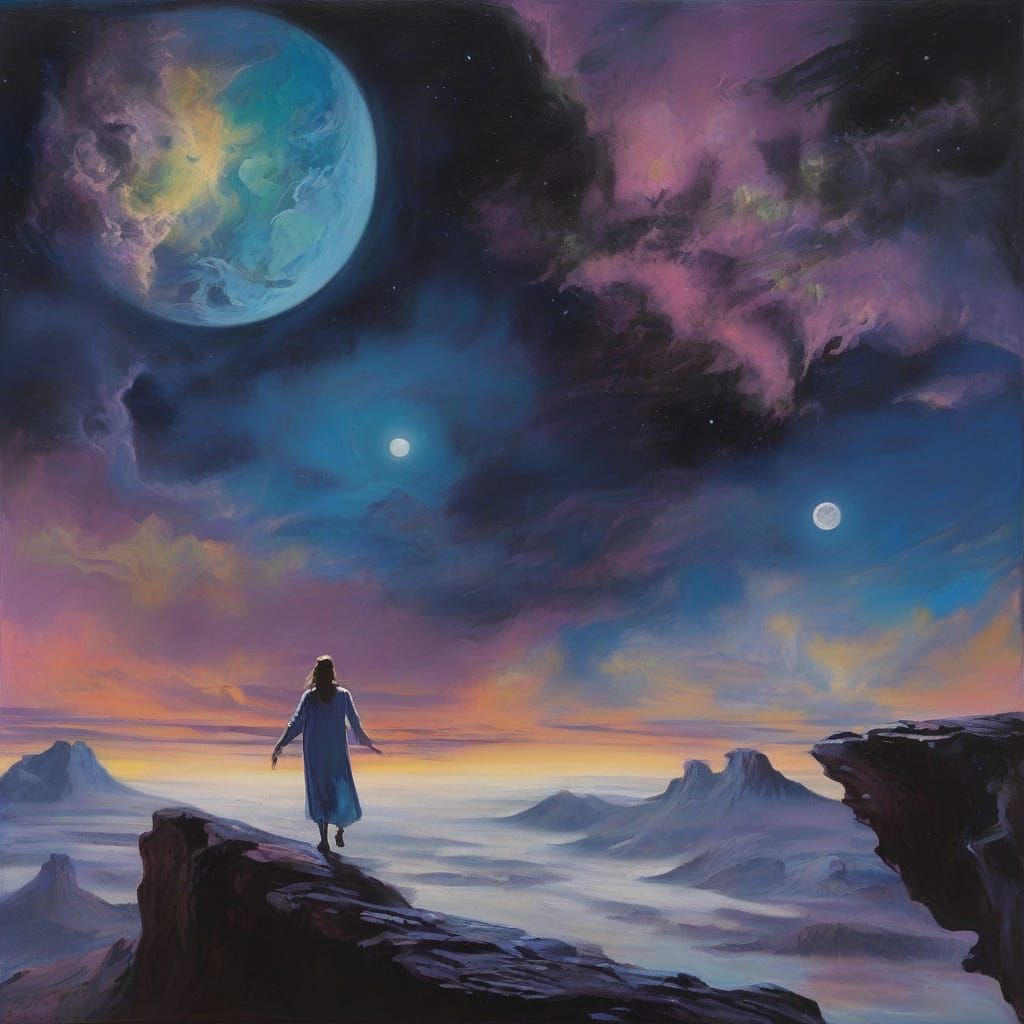 Lone Figure Under Starry Black Moon