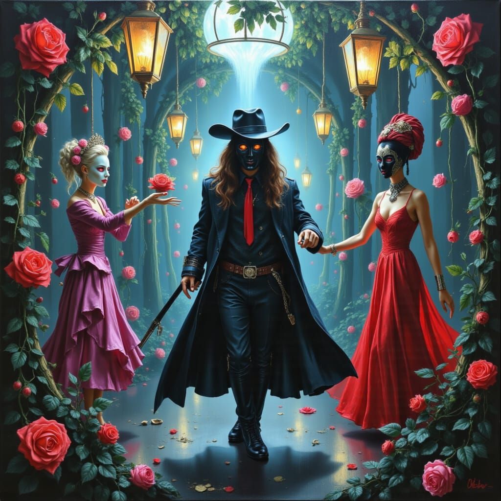 Elegant Masquerade Ball in Bioluminescent Rose Garden