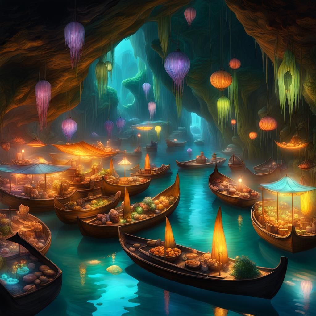 Mystical Floating Market in Bioluminescent Cave, Cosmic Art