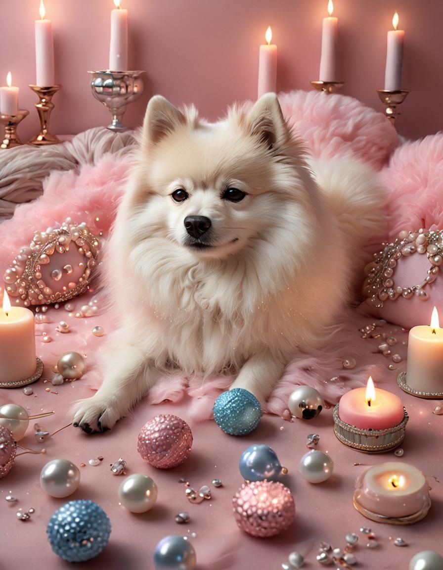 Spitz Dog Sleeping Surrounded by Jewels in Splash Art