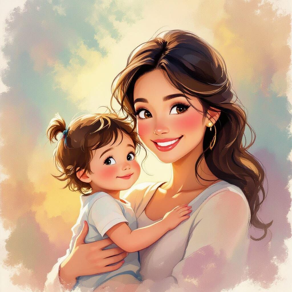 Mother and Child Embrace in Whimsical Storybook Style