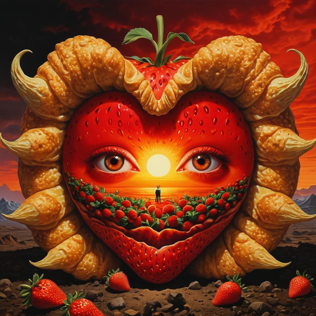 Surrealistic Strawberry Creature in Hyperdetailed Gouache