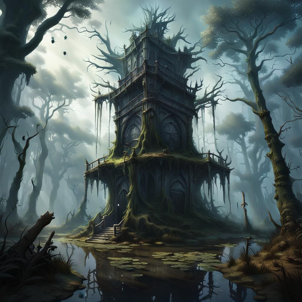 Tower in Swamp: Dark Fantasy Concept Art