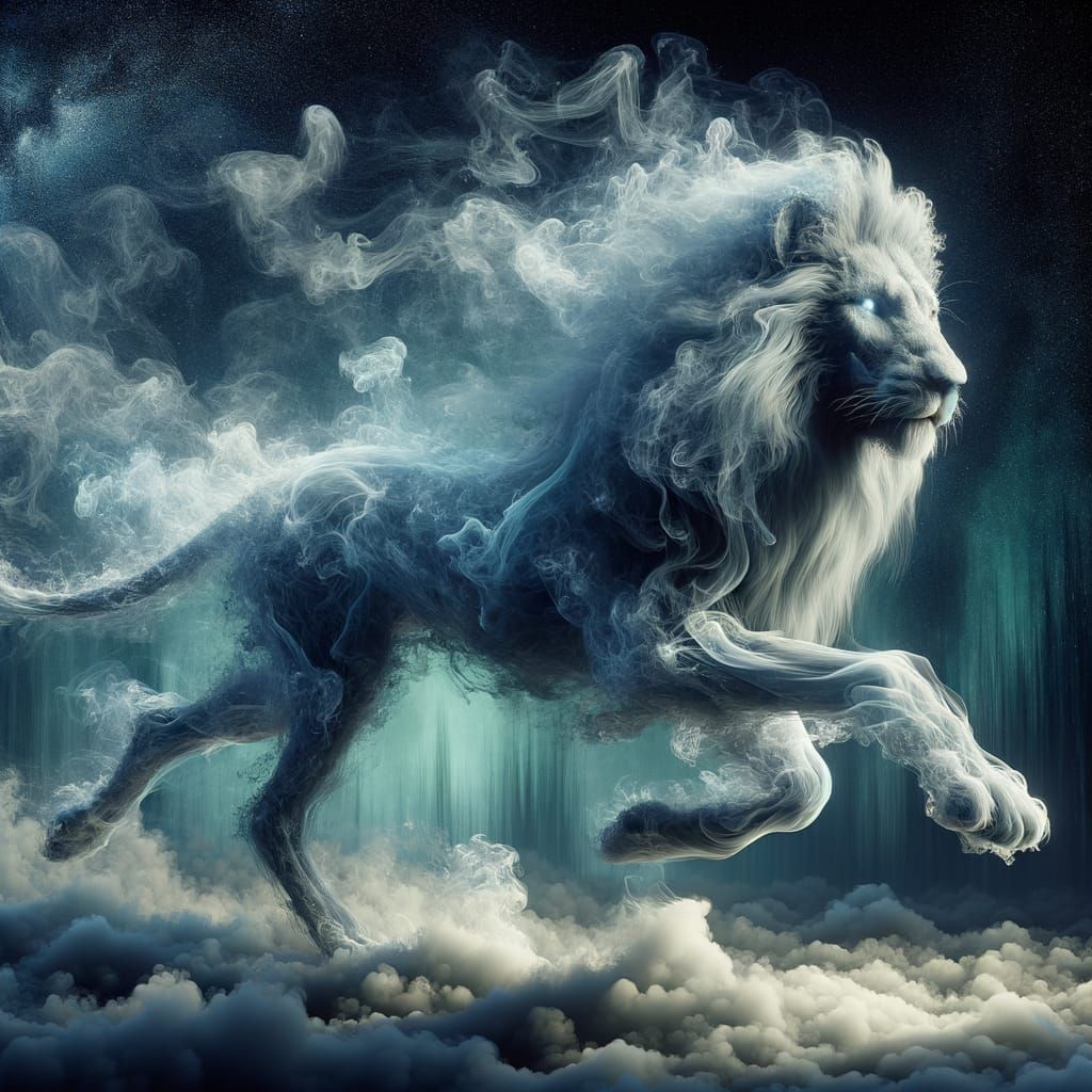 Ethereal Smoke Lion Hologram in a Romantic Style