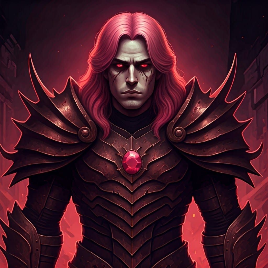 Brooding Pink-Haired Warrior in Demonic Armor