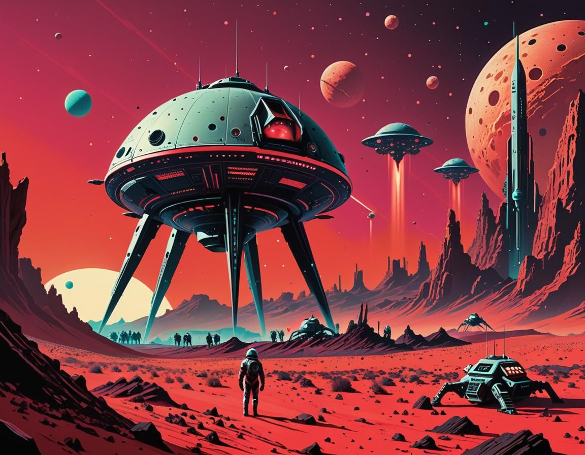 Surreal Martian Battlefield in Vintage Comic Style