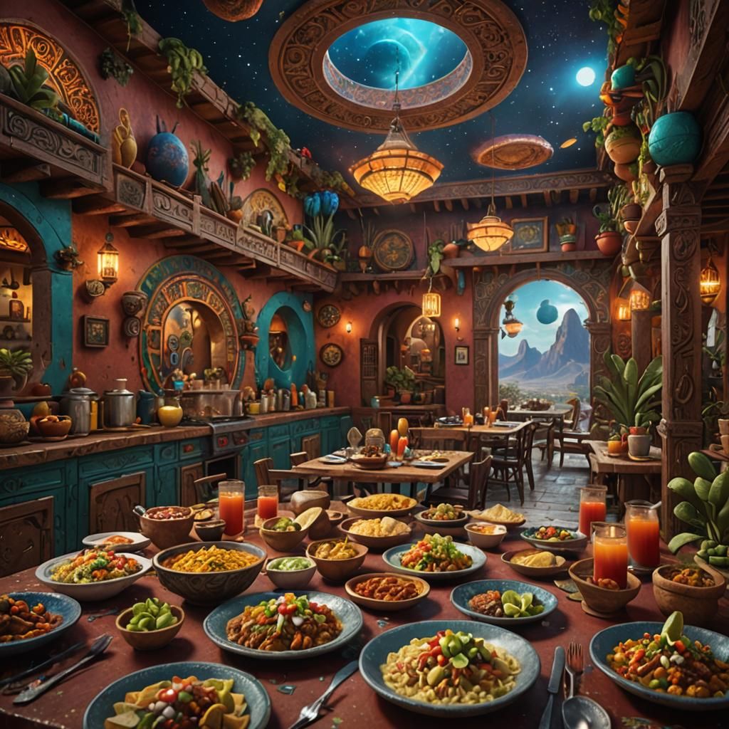 a mexican dinning experience that is out of this world delicious detailed matte painting, deep color, fantastical, intri...