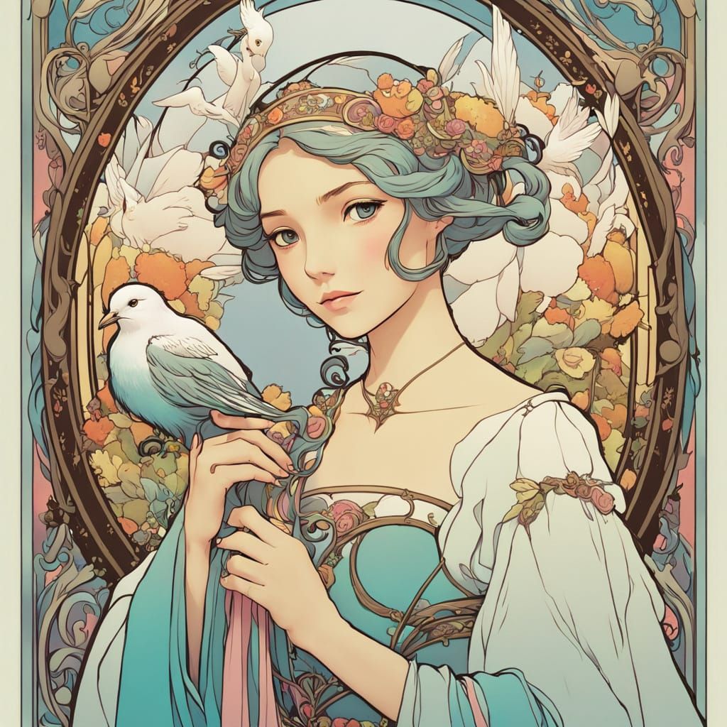 Medieval Girl Surrounded by Whimsical Pastel Colors and Deli...