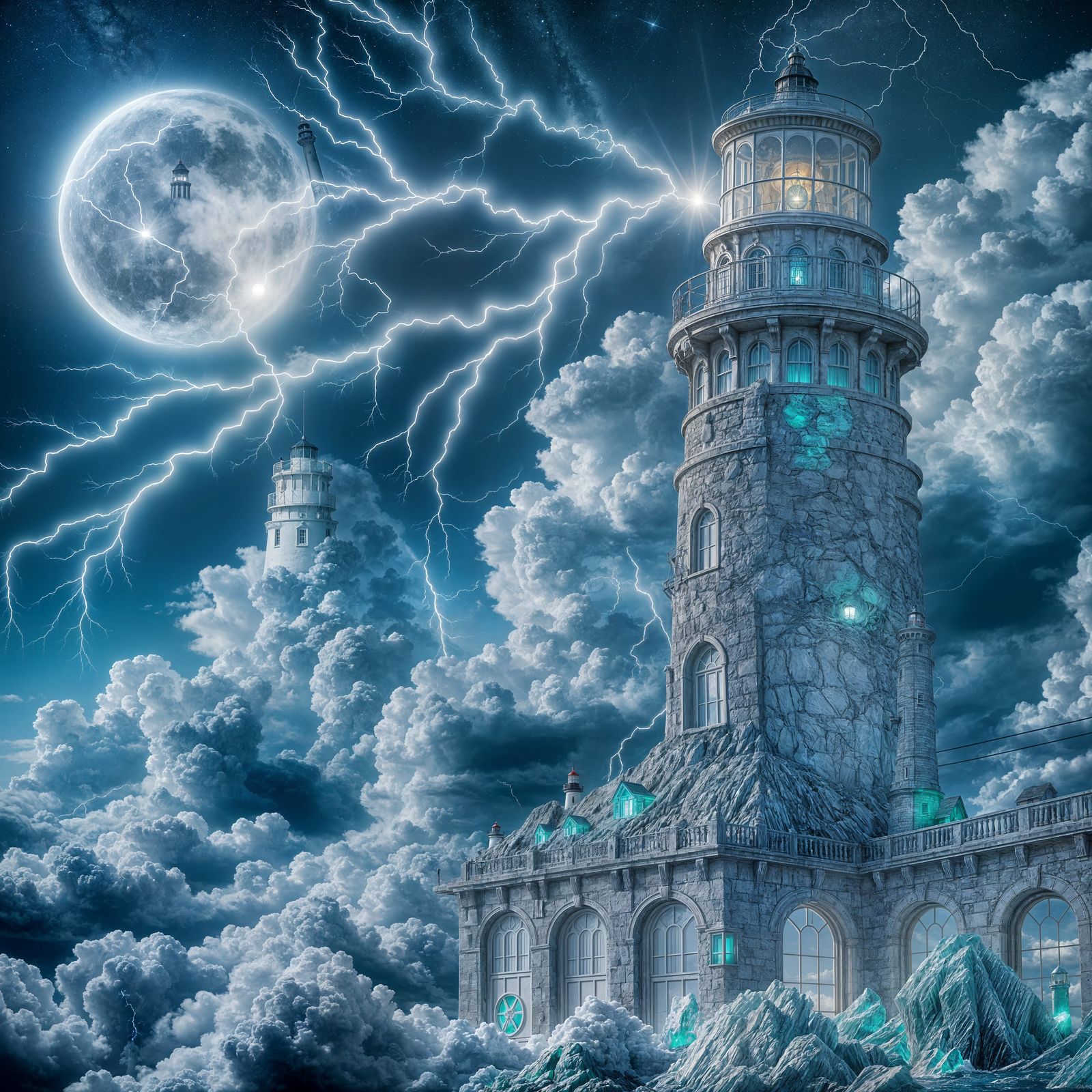 Emerald Cobalt Sea Glass Lighthouse Under Lightning Moonlit ...