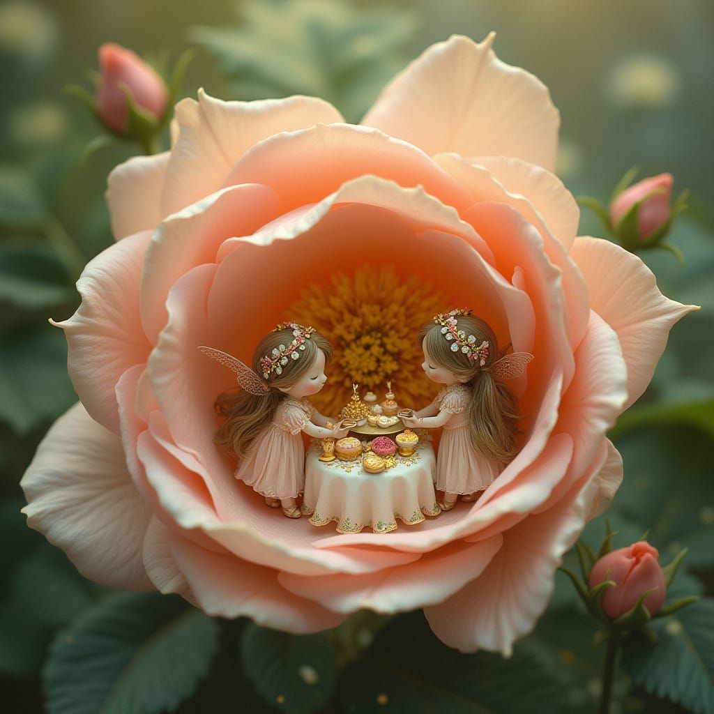 Fairy Tea Party in a Blooming Rose, Impressionist Art