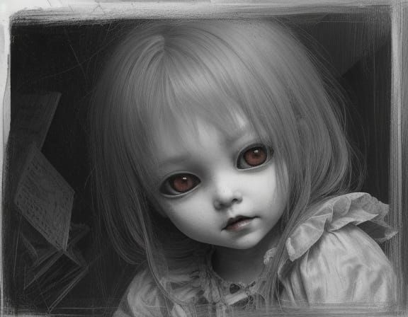 Creepy Doll Portrait in Childlike Drawing Style