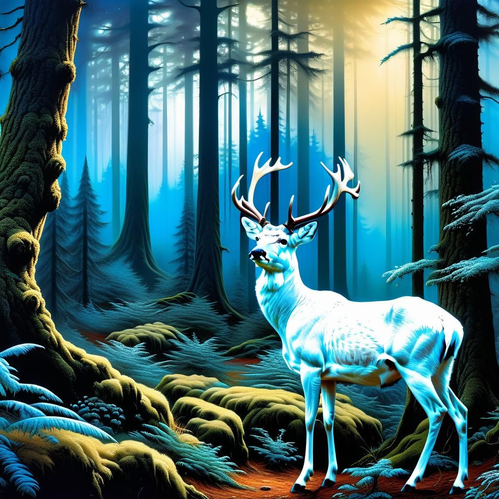 Majestic White Deer in Ethereal Fantasy Forest
